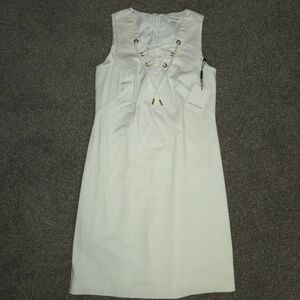 CALVIN KLEIN NWT Womens White Grommet Lace UP V NECK Dress SZ 4 Knee Length